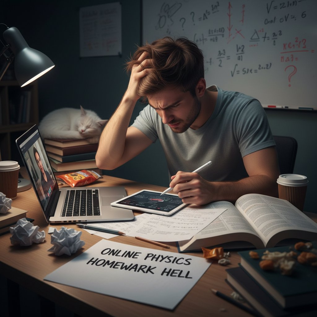 Uczeń zniechęcony po kolejnej nieudanej próbie rozwiązania zadania z fizyki – słowa kluczowe: frustrated-student--physics-homework--online-learning