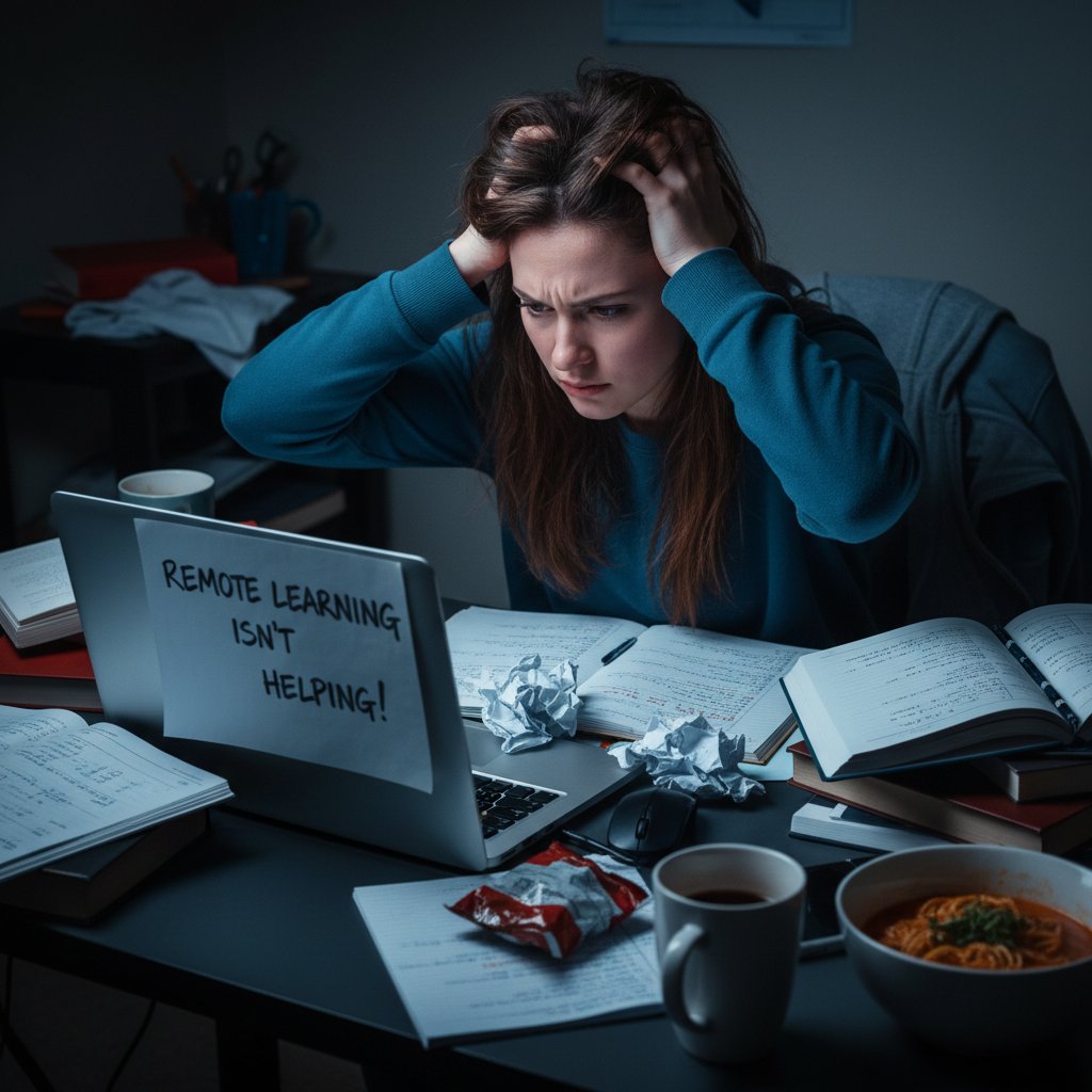 Uczeń sfrustrowany podczas lekcji zdalnej, komputer, notatki, napięcie