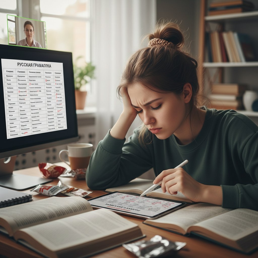 Młoda osoba wpatrzona w ekran laptopa, otoczona notatkami i rosyjskimi podręcznikami, atmosfera zmęczenia i irytacji – słowa kluczowe: rosyjski gramatyka online, frustracja, nauka