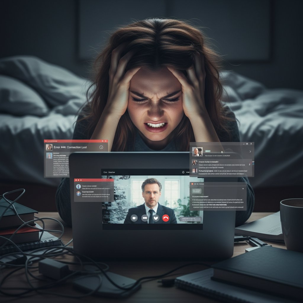 Uczennica z technikum walczy z problemami technicznymi podczas lekcji online, widoczne emocje na twarzy