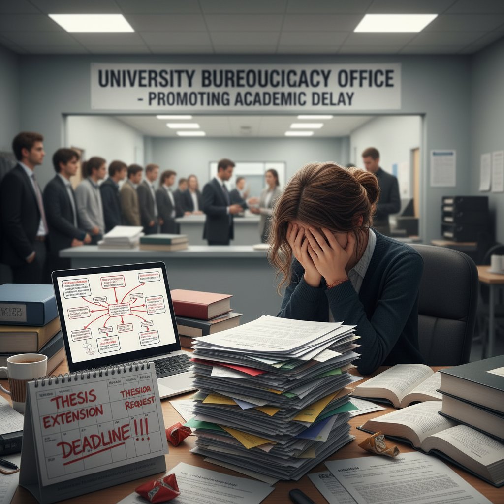 Frustrated student delayed by university bureaucracy, surrounded by paperwork and waiting in an academic office