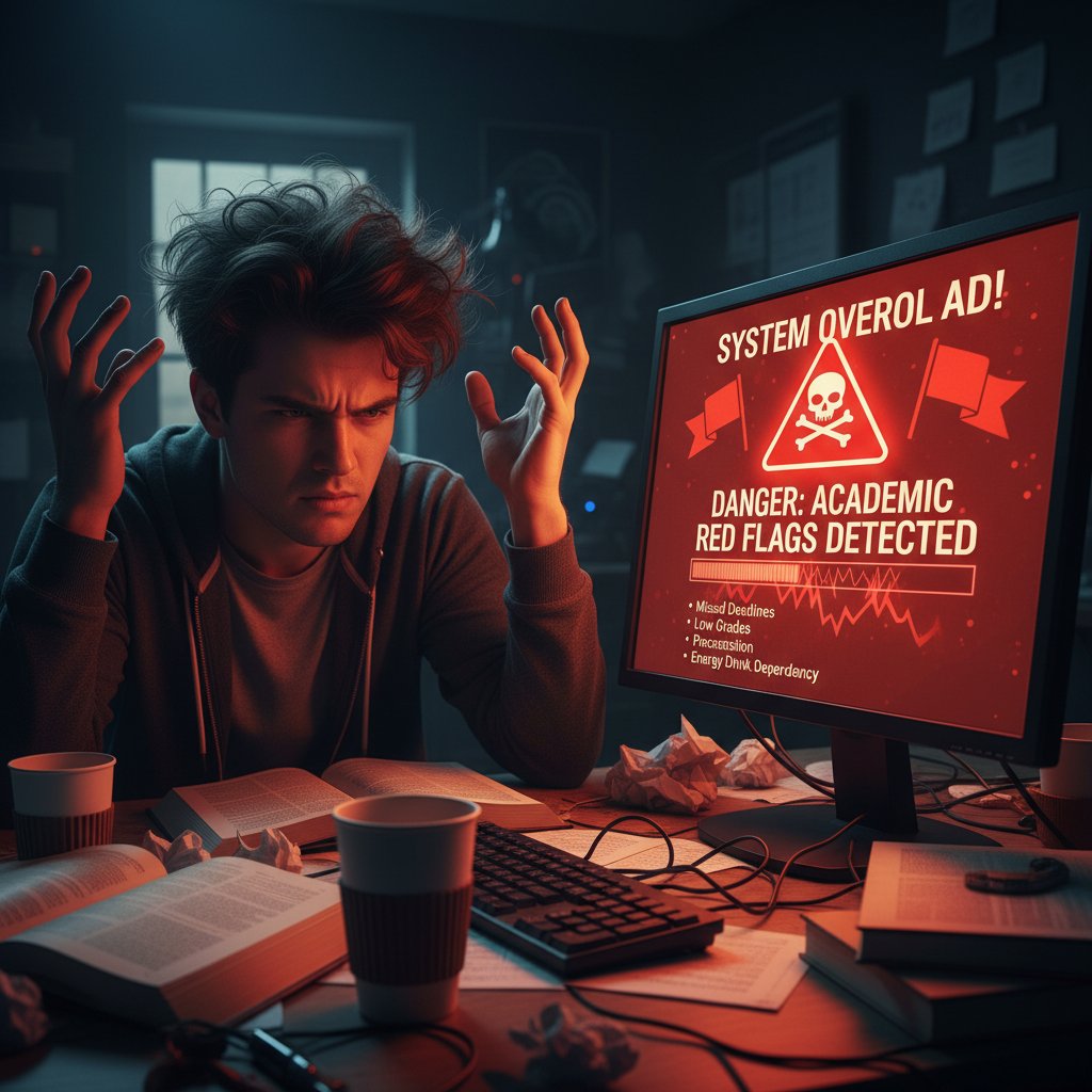 Zdenerwowany student przed komputerem, ekran z ostrzeżeniem, metafora red flags w online learningu