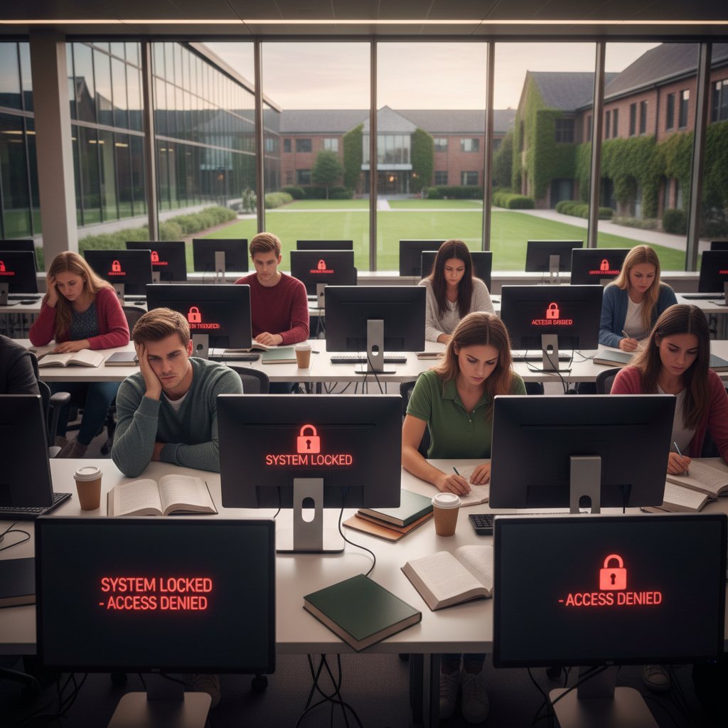 Diverse students frustrated in front of locked screens, showing paywall barriers in academic access