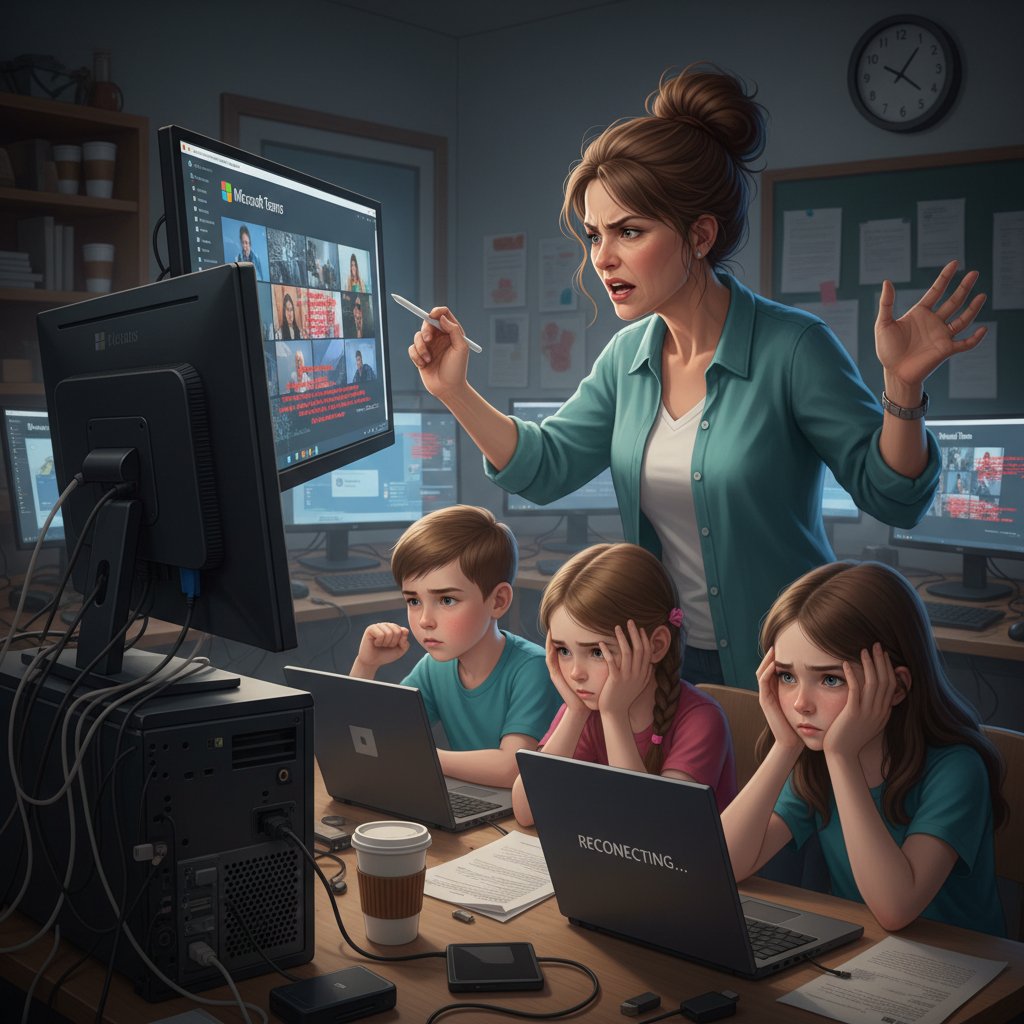 Sfrustrowani uczniowie i nauczyciel przy komputerze z błędami Teams