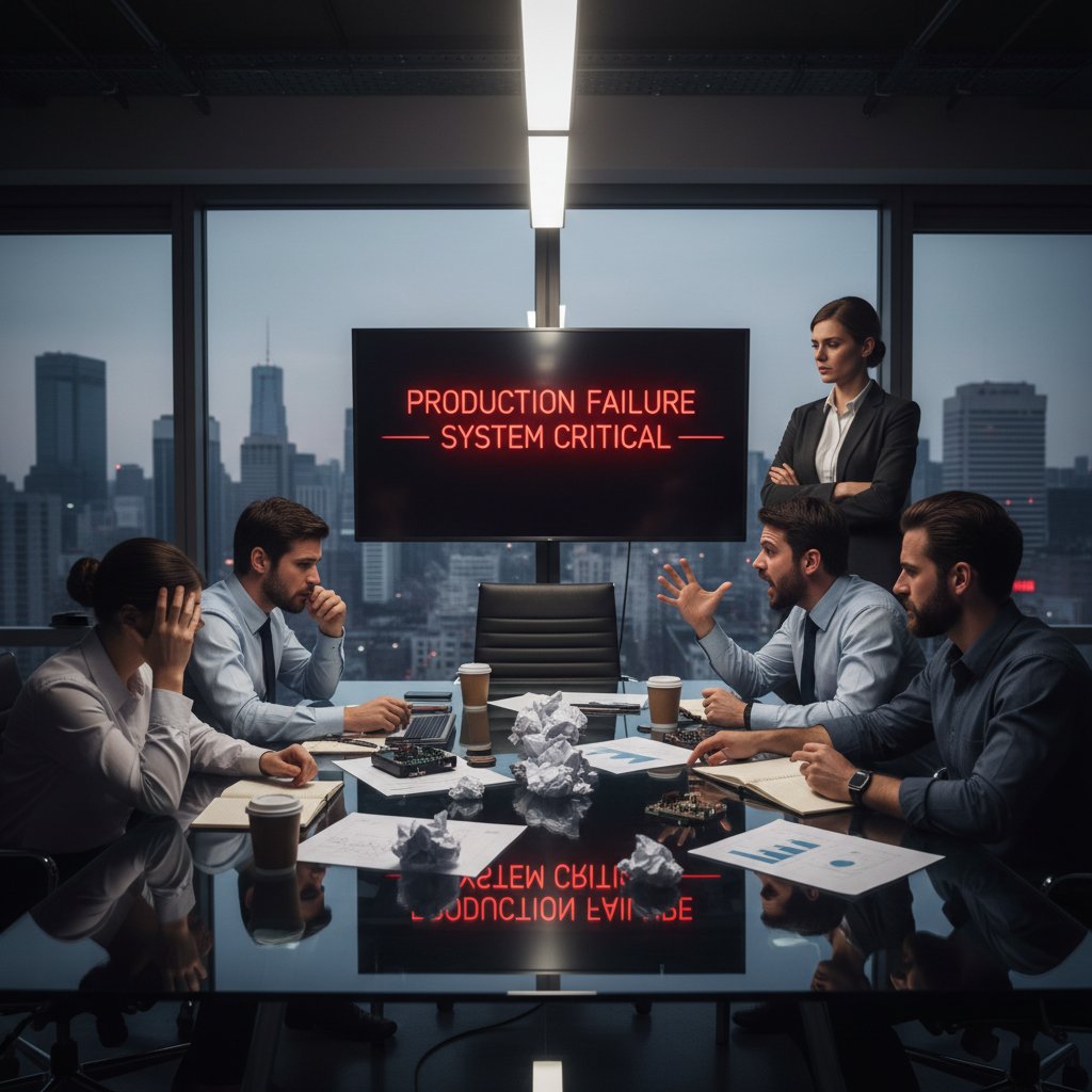 Zespół produkcyjny podczas nieudanej optymalizacji, wyraźna frustracja, papiery i tablety na stole