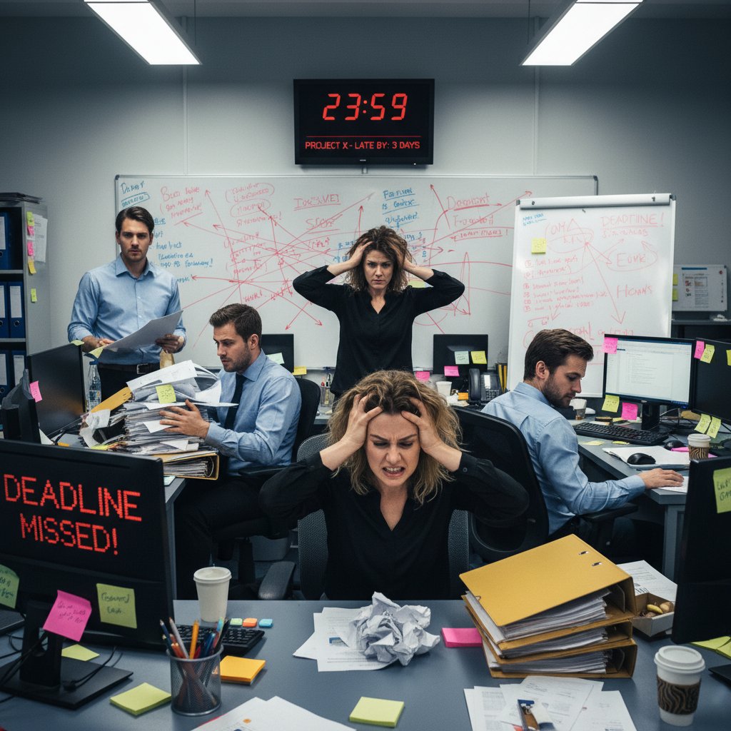 Frustrated team overwhelmed by disorganized tasks, missed deadlines, and workflow chaos in a modern office
