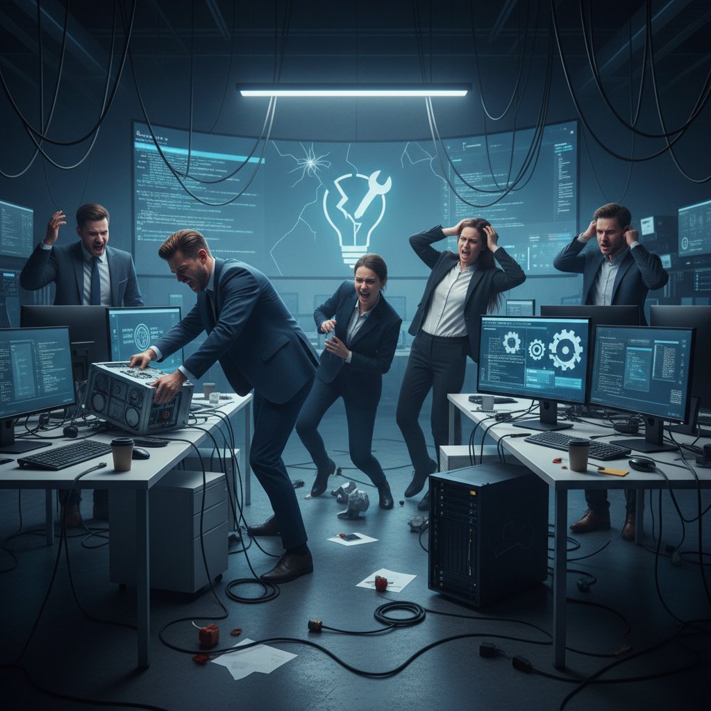 Enterprise team facing setbacks after failed innovation tool roll-out, showing frustration and technology chaos