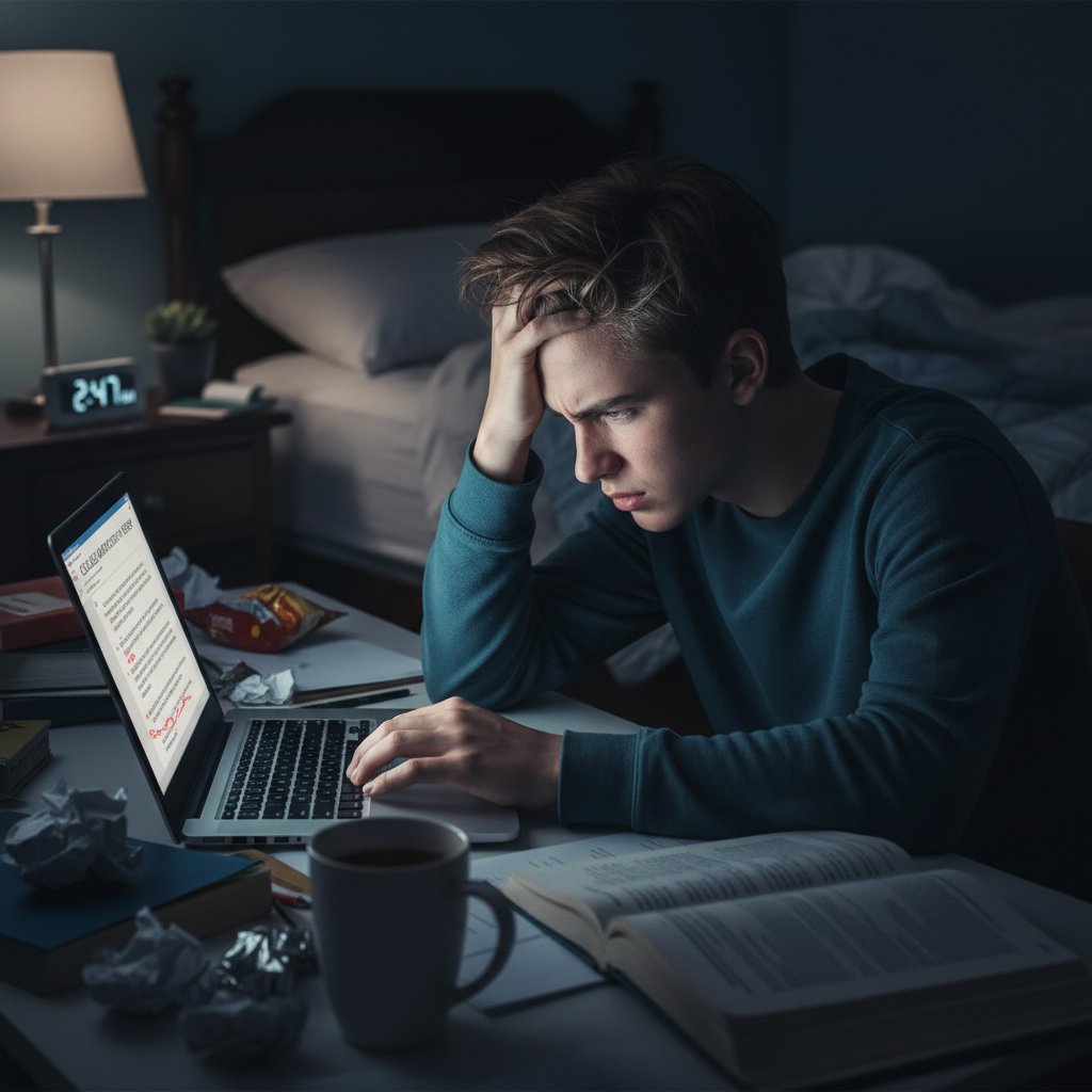 Uczeń sfrustrowany przy laptopie, ciemne wnętrze, rozprawka online nie działa, korepetycje przez internet, stres