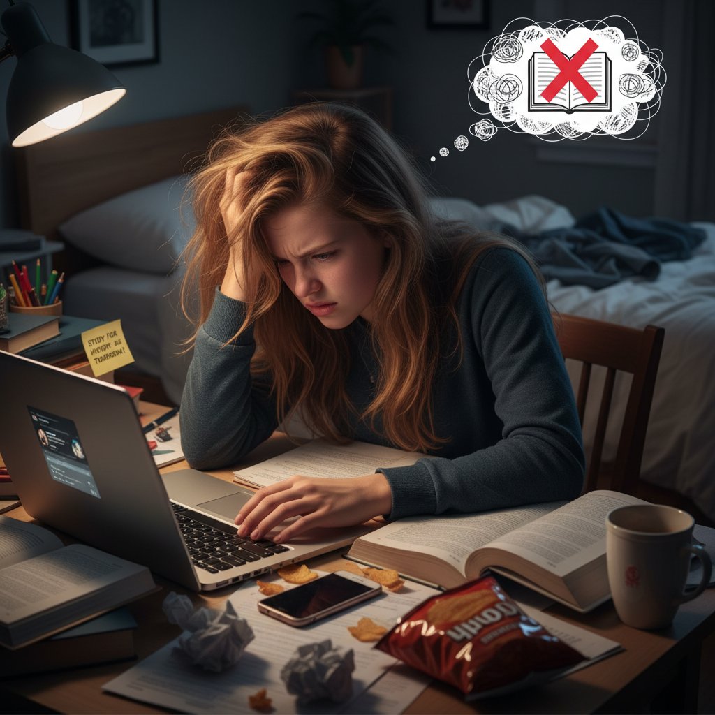 Nastolatek zamyślony przed laptopem, wyraz twarzy sugeruje frustrację wynikającą z zaległości