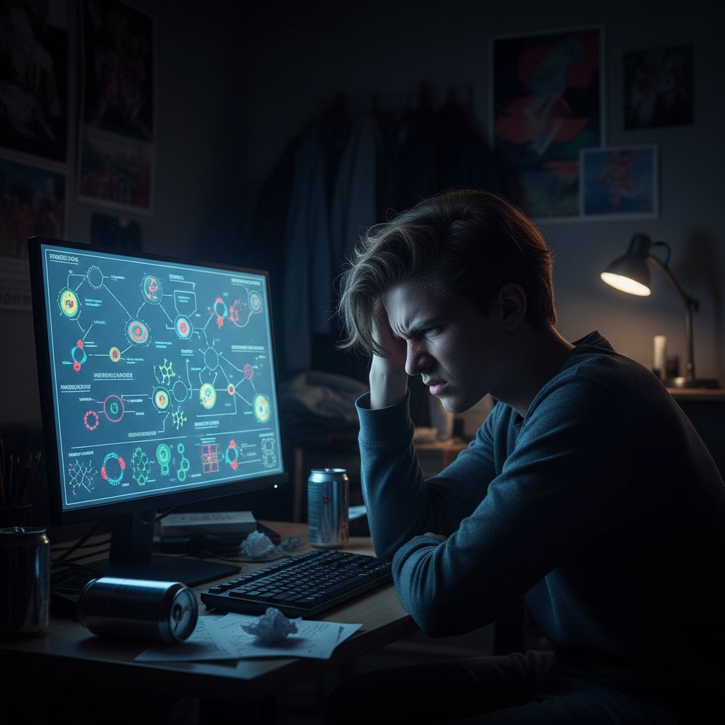 Nastolatek sfrustrowany podczas nauki biologii online, samotny przy komputerze, ciemne wnętrze, wyraźne poczucie izolacji i presji edukacyjnej