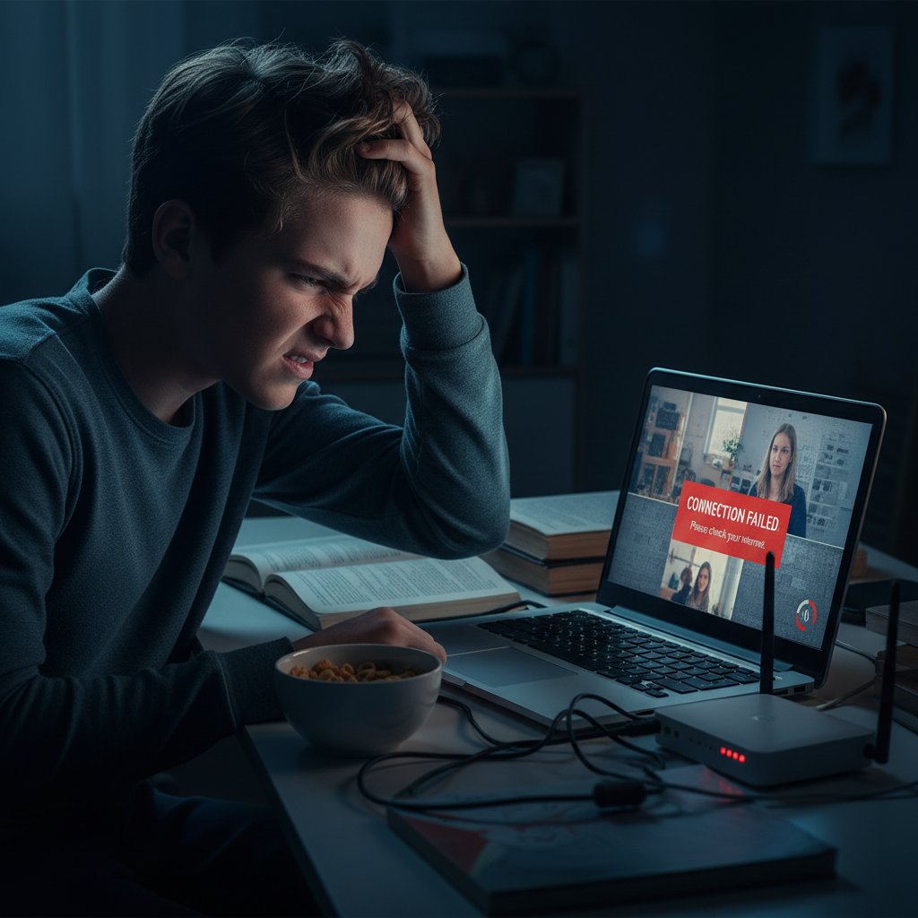 Nastolatek z frustracją odchodzi od laptopa, lekcja online, słaby internet, słowa kluczowe: problemy z nauką online, cyfrowe wykluczenie