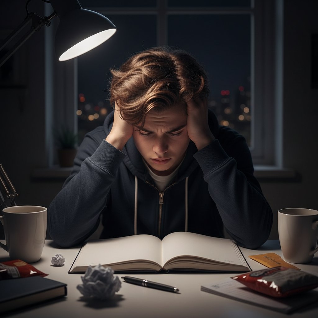 Zniechęcony uczeń w trakcie samodzielnej nauki angielskiego online, późny wieczór, pusty zeszyt, frustracja