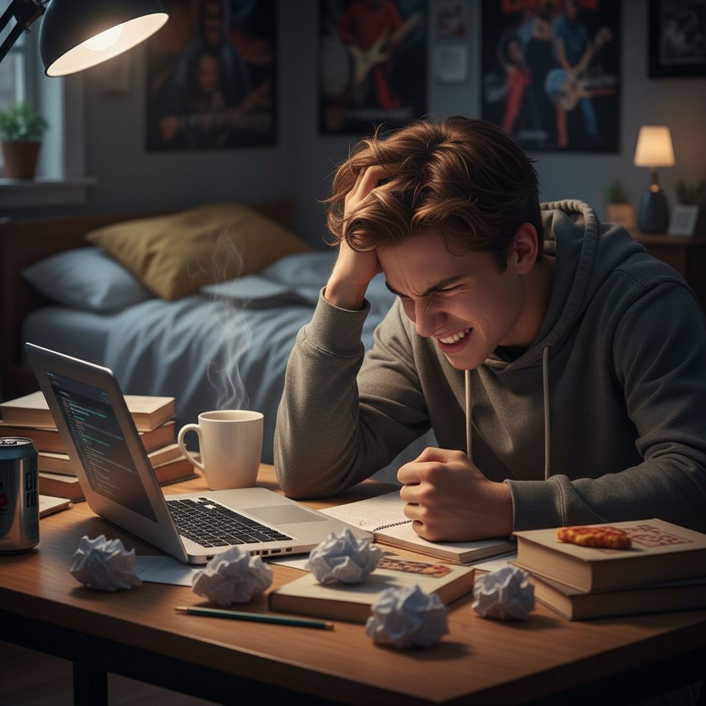 Nastolatek zrezygnowany przed laptopem, wyraz twarzy pełen frustracji, notatki rozrzucone wokół
