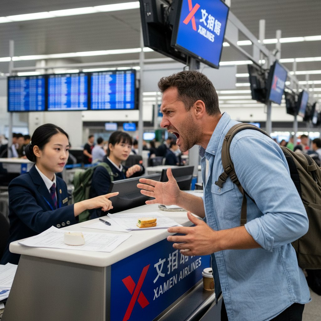 Frustrated traveler facing challenges at airport check-in, candid expressive scene