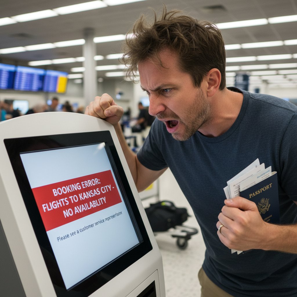 Traveler confronting booking issues at airport kiosk, frustrated expression, flights to kansas city