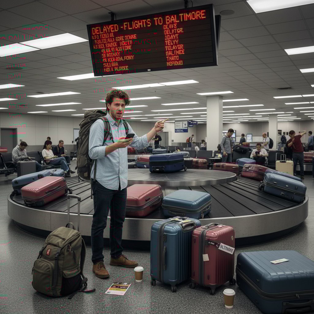 Photo of frustrated traveler at crowded baggage claim, suitcases stacked, confusion and tension visible