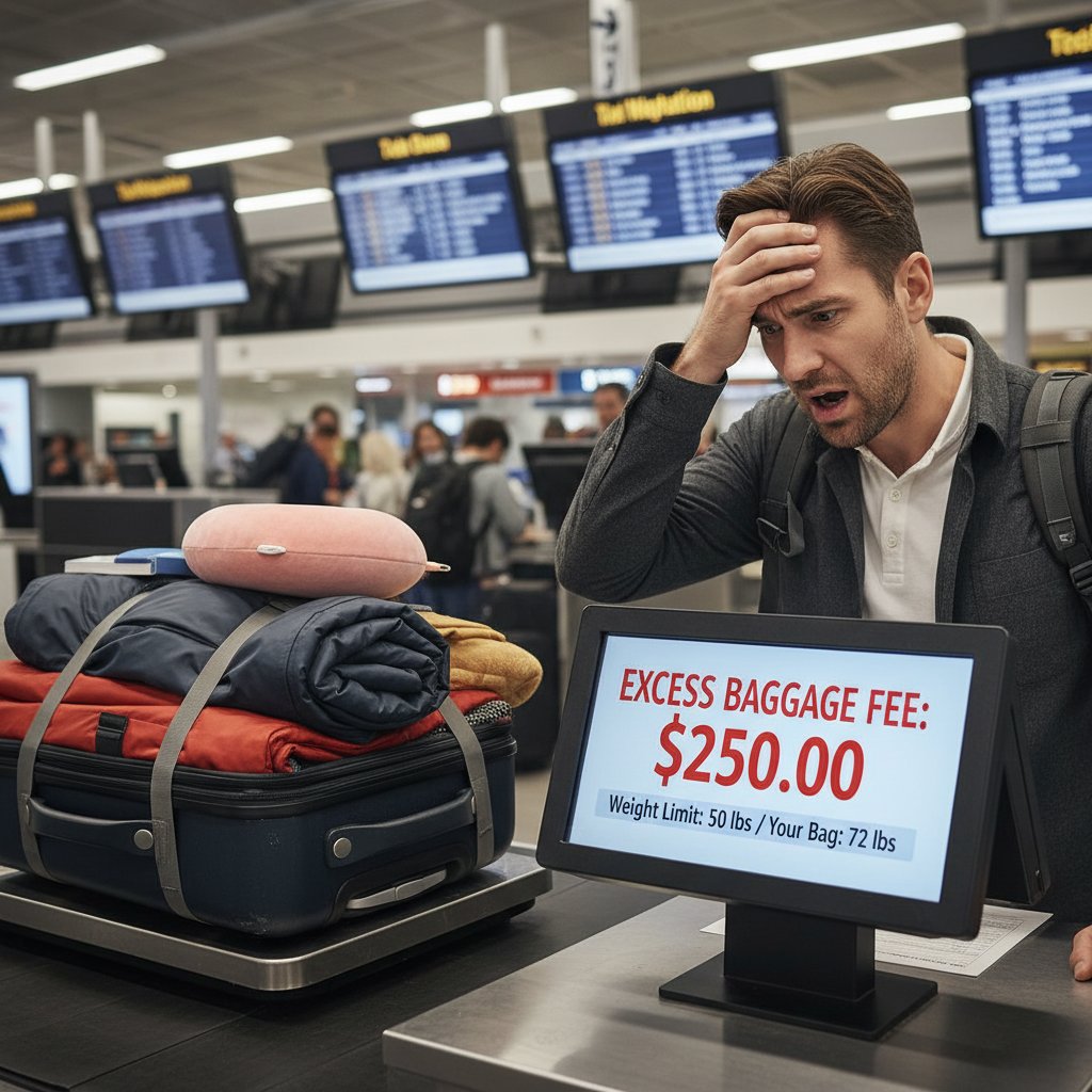 Frustrated traveler scrutinizing unexpected baggage fees on airline website, close-up of digital baggage fee screen