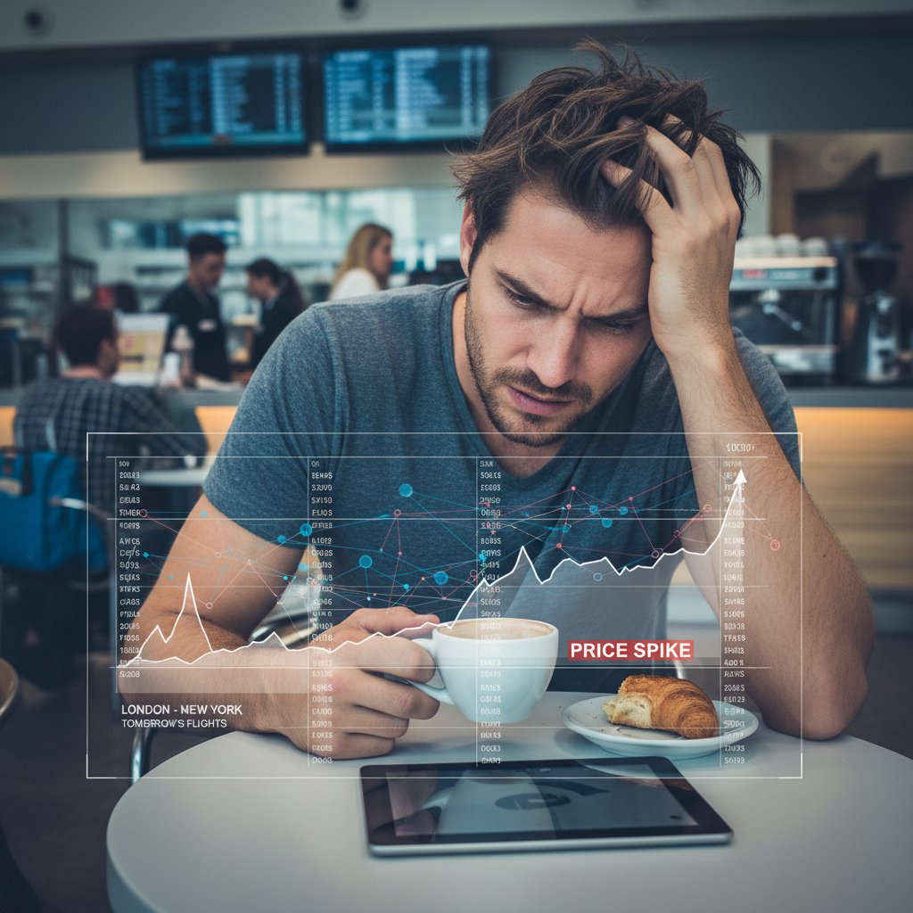 Frustrated traveler after missing a lower airfare, airport cafe, price spike chart, disappointed mood