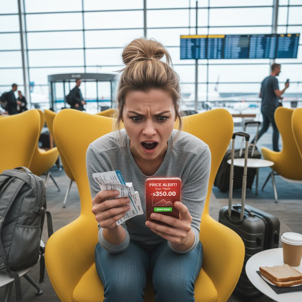 Podróżny patrzący na ekran z niższą ceną biletu niż ta, którą zapłacił wcześniej