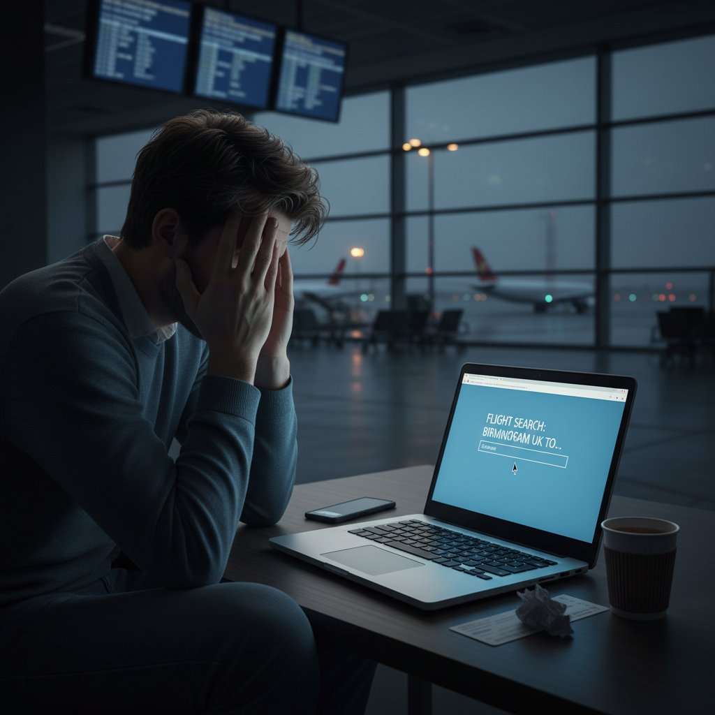 Frustrated traveler researching flights to Birmingham UK on a laptop in moody lighting