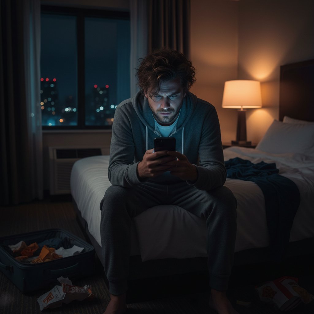 Frustrated traveler locked out of hotel room at night, smartphone in hand, dramatic lighting