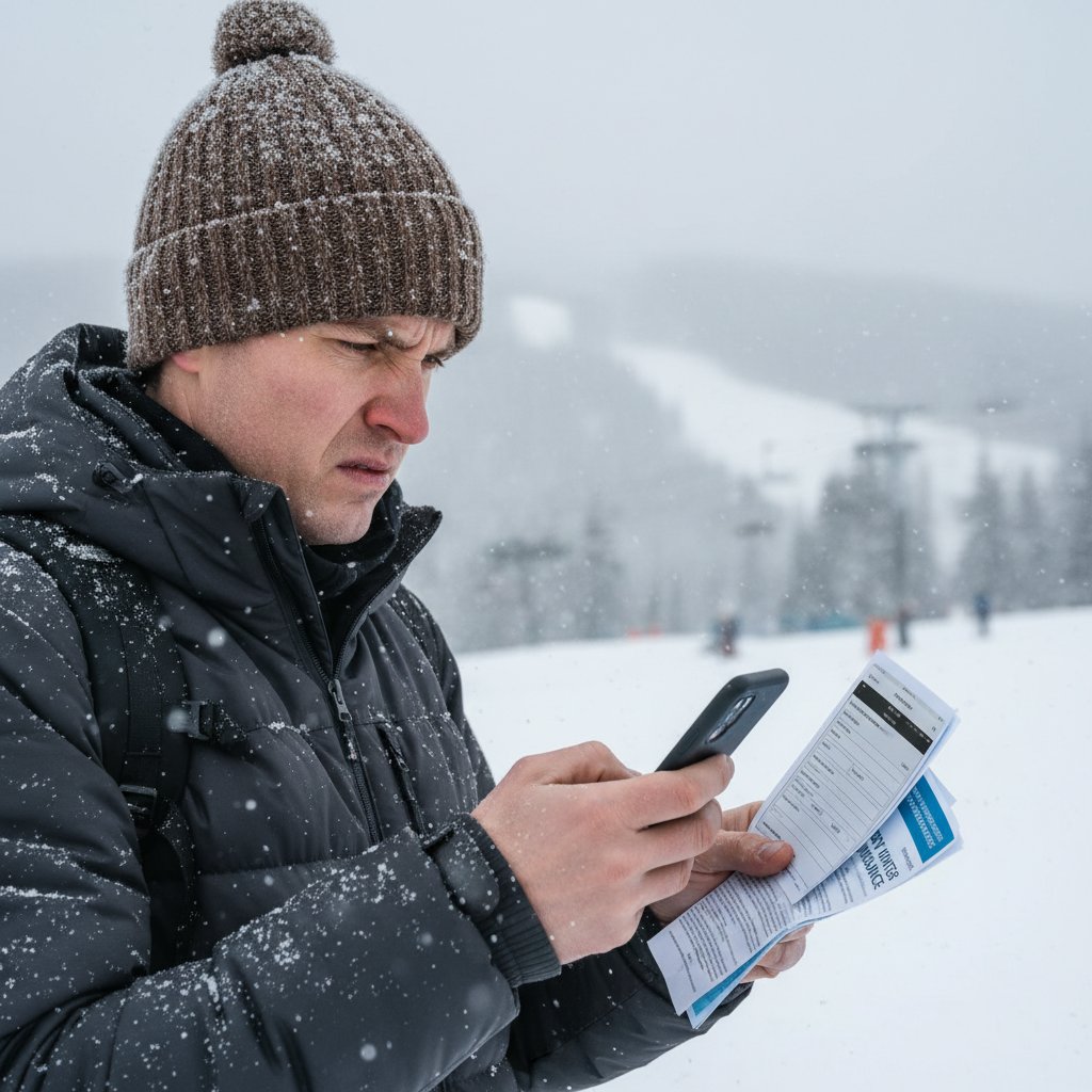 Traveler making insurance claim call after ski accident