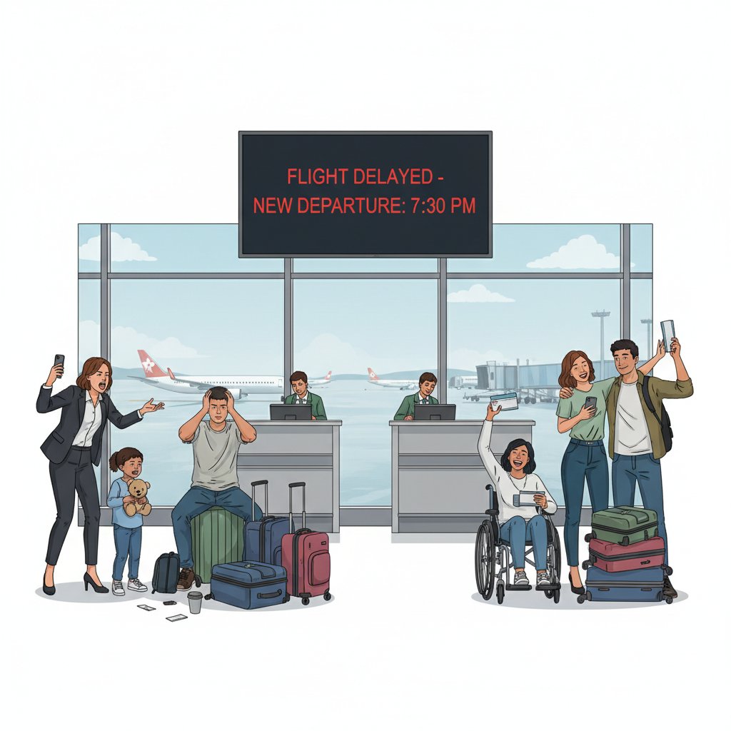 Diverse group of passengers reacting to flight changes