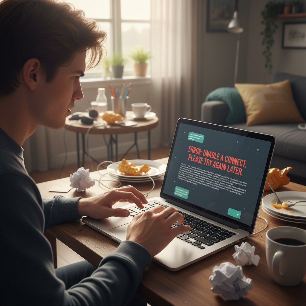 Osoba zirytowana nieudaną rozmową online, widoczny stres i frustracja przy ekranie laptopa