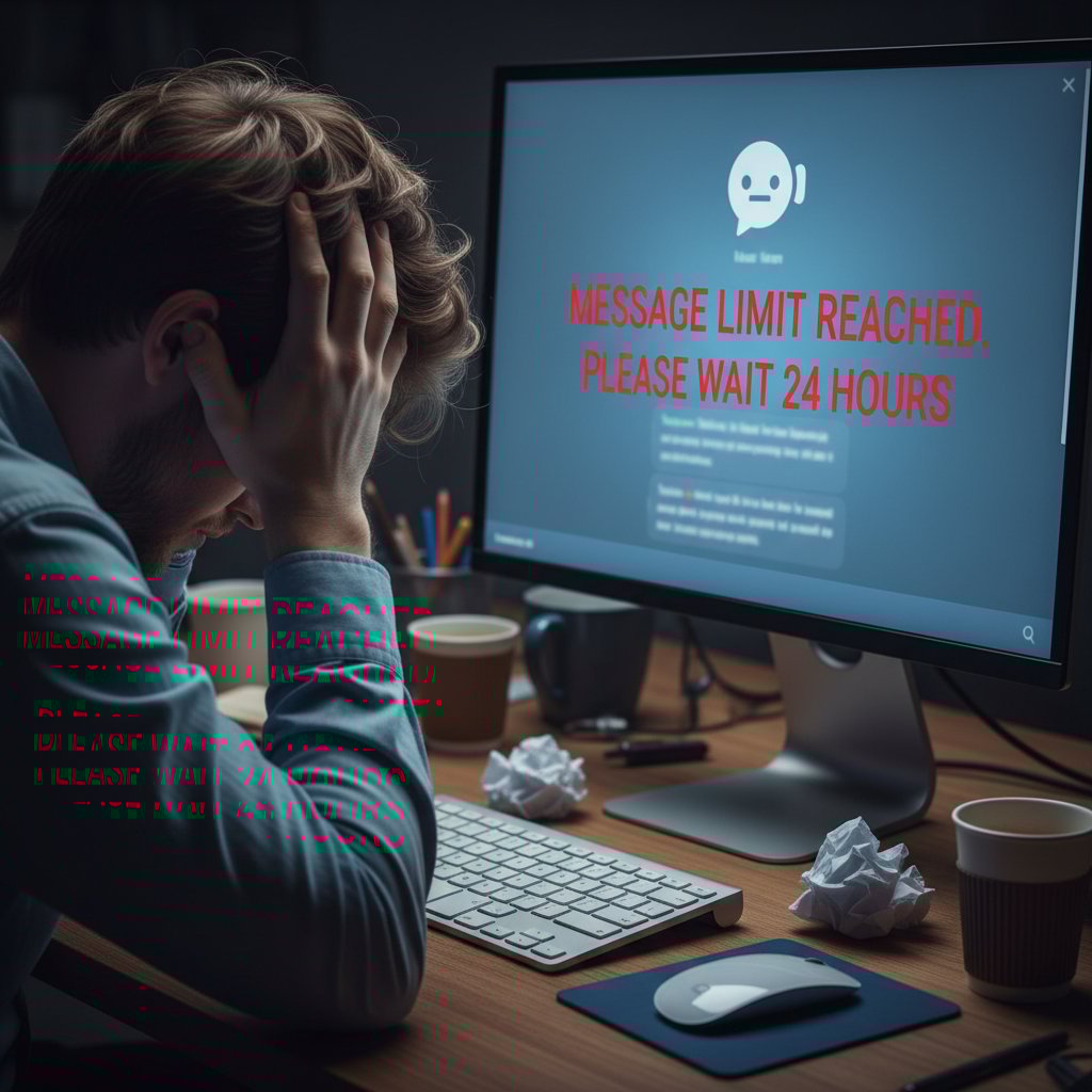 Użytkownik sfrustrowany limitem wiadomości na ekranie komputera