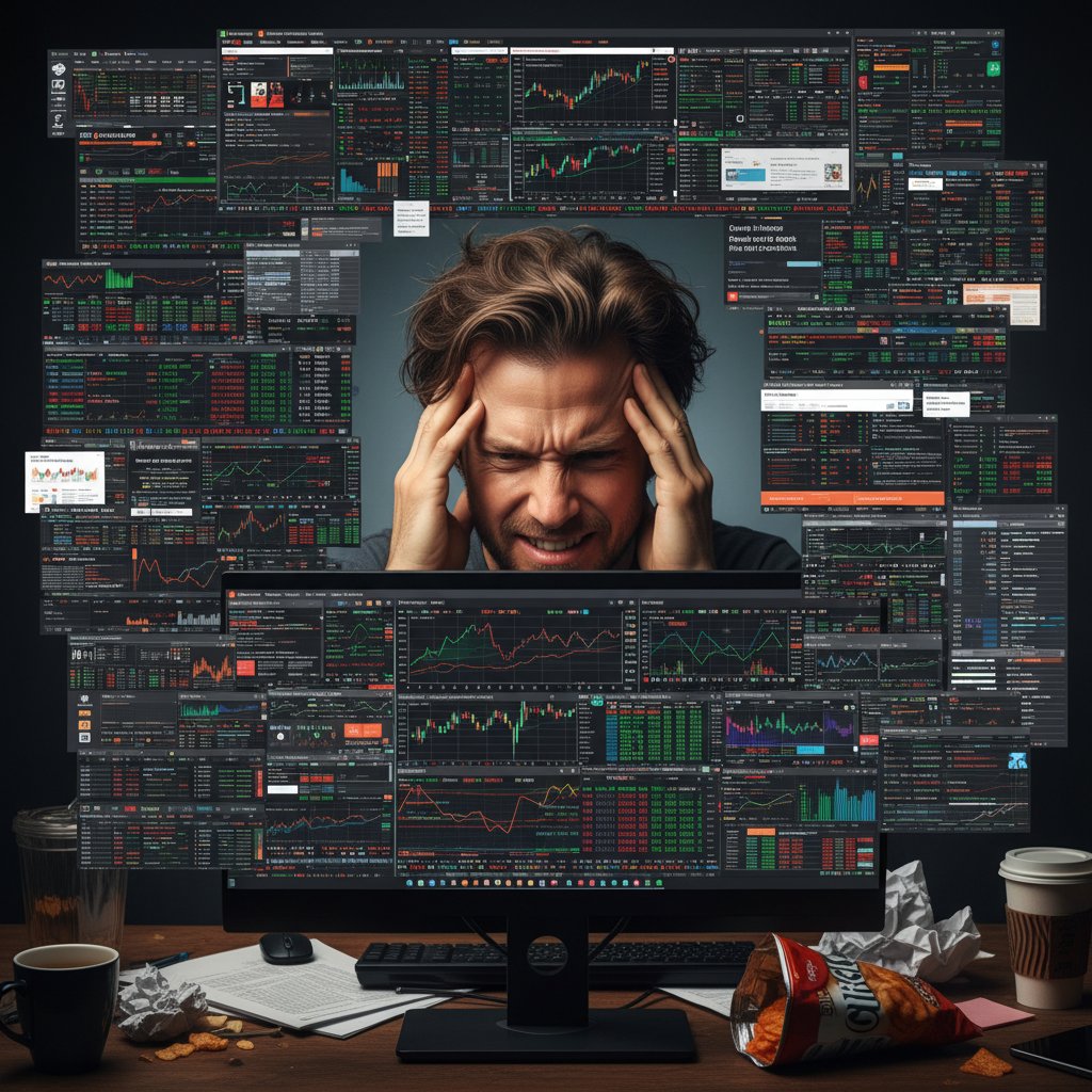Editorial photo of a frustrated user at a cluttered screen, overwhelmed by bad investment research tools