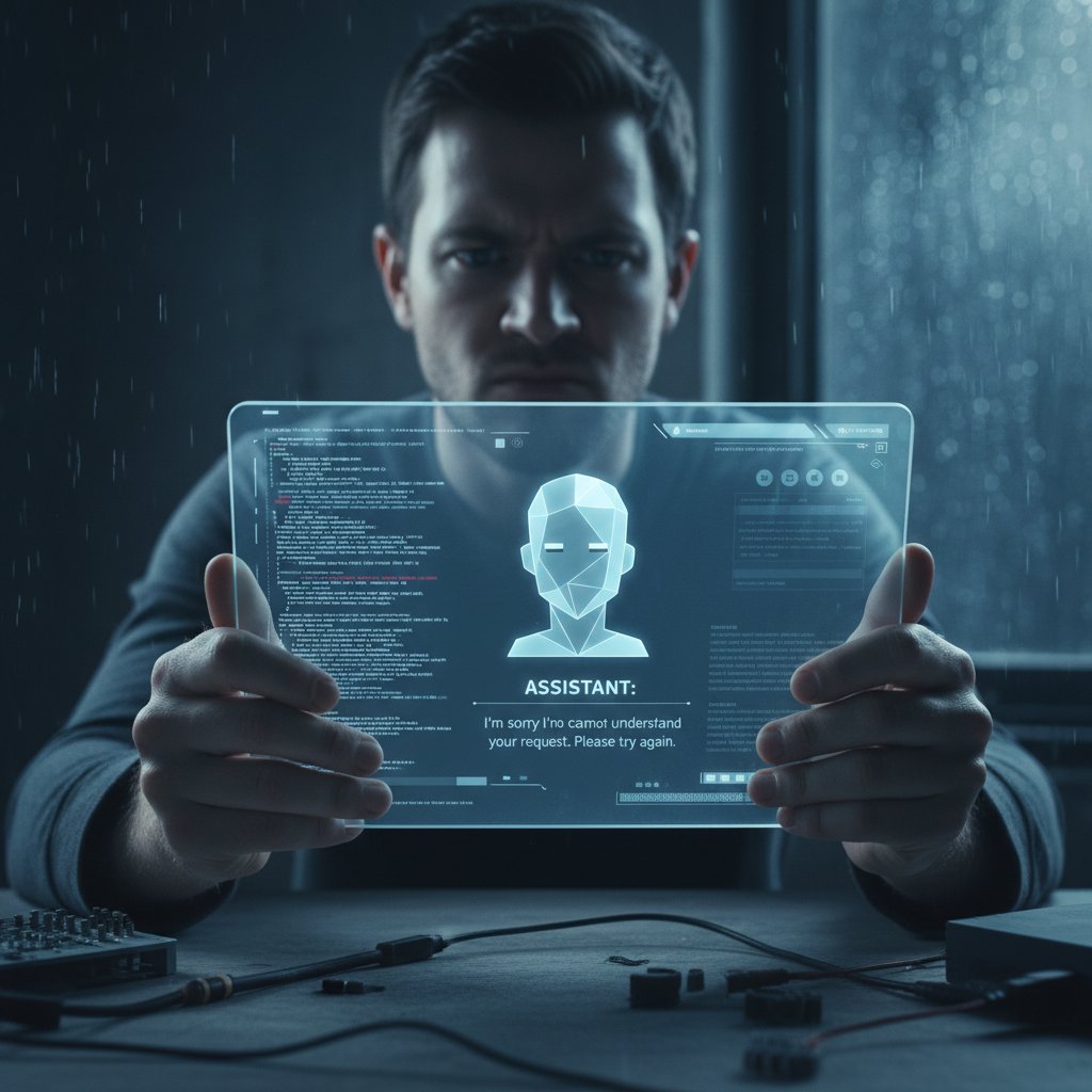 Użytkownik rozczarowany rozmową z chatbotem, z wyraźną frustracją na twarzy, siedzi przed zimnym, bezosobowym interfejsem
