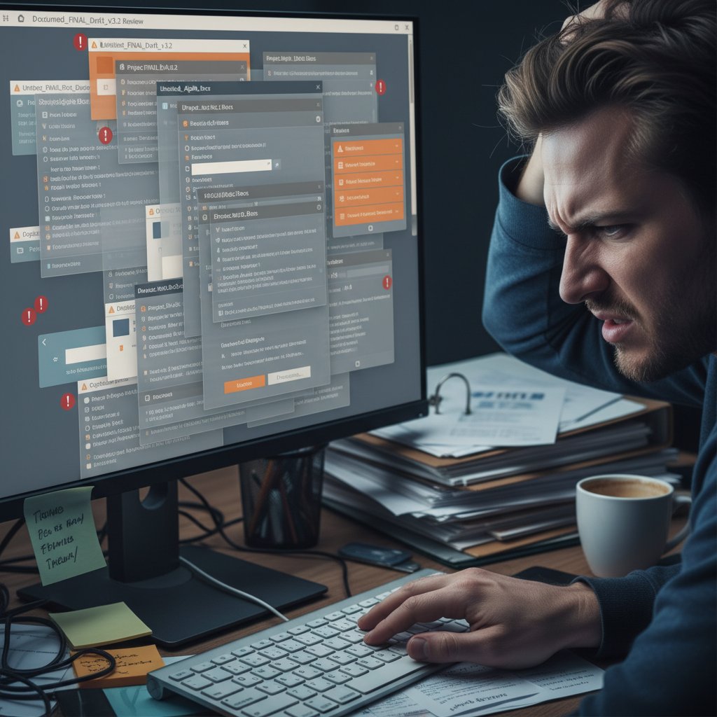 A user struggling with a complicated document management interface, highlighting poor usability and frustration