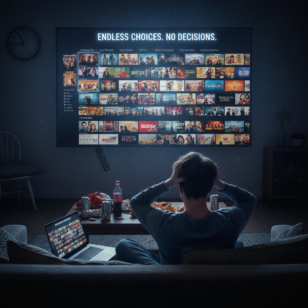 Frustrated user overwhelmed by endless movie options on a streaming service
