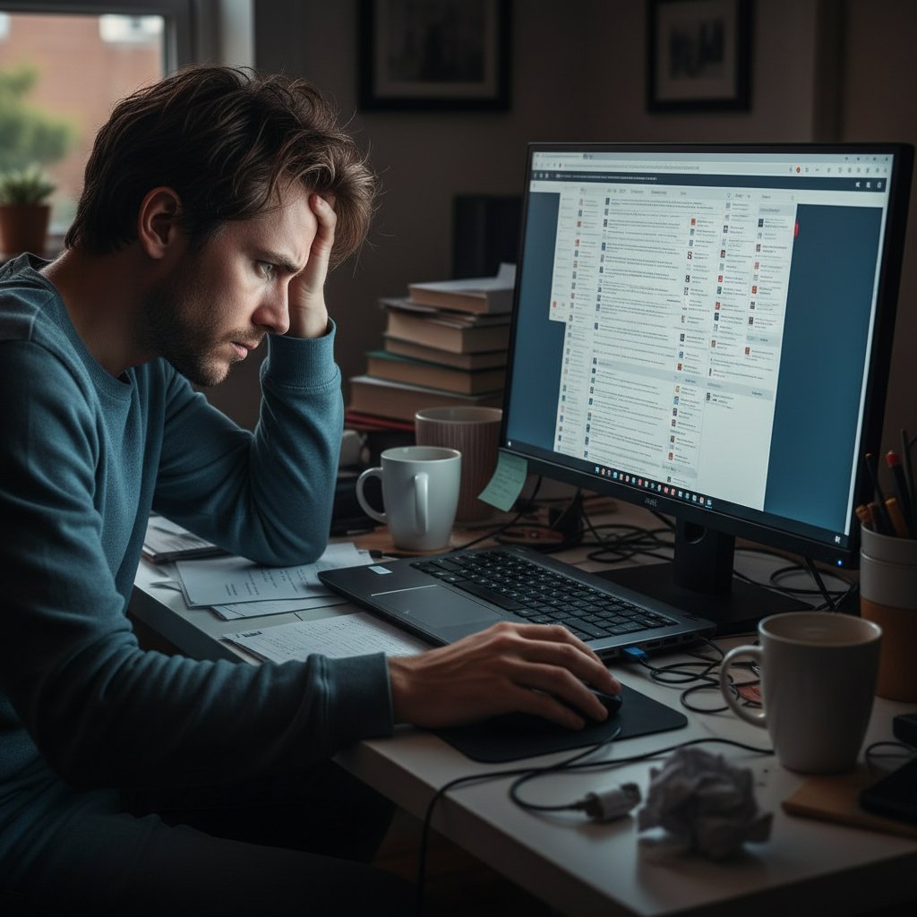 Użytkownik pogubiony w zbyt wielu poradnikach online, praca przy komputerze nocą, zmęczenie i frustracja