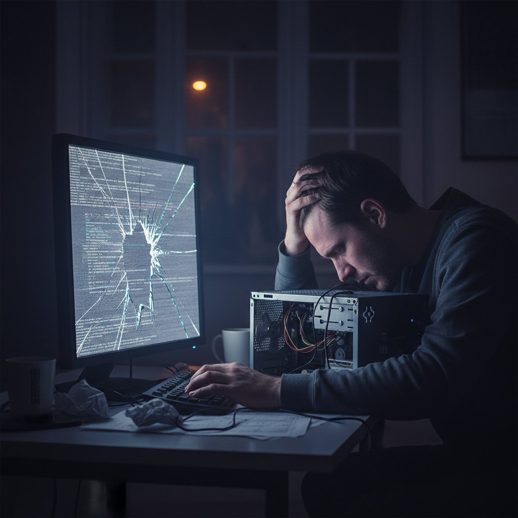 Nocny użytkownik komputera szukający pomocy IT w weekend, z błędami na ekranie