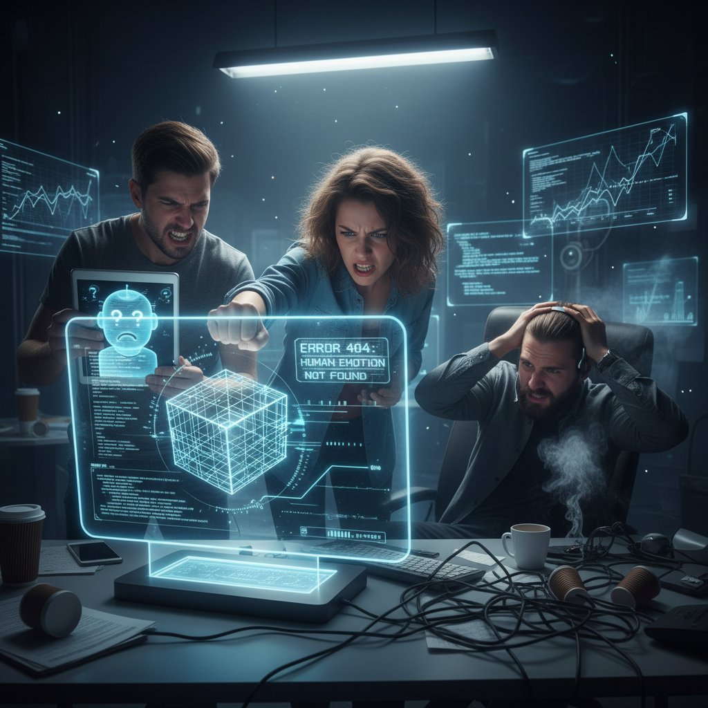 Frustrated users facing a malfunctioning AI support screen, glitched chatbot interface, editorial photo