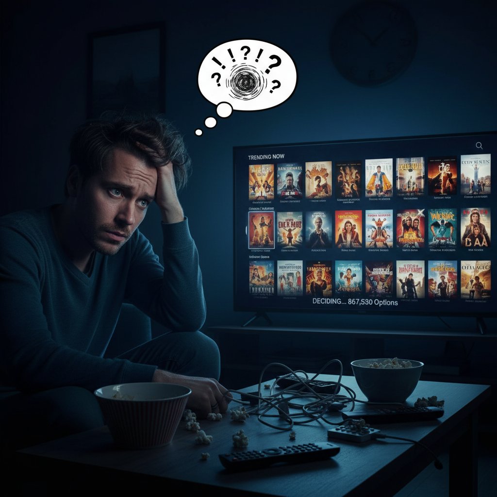 Frustrated viewer surrounded by endless movie options, bathed in TV glow at night, representing decision fatigue with personalized film recommendations