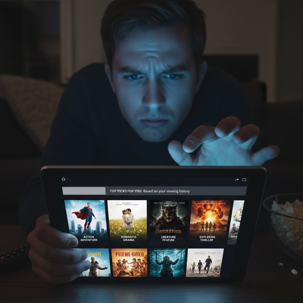 Why generic movie recommendations frustrate viewers, person scrolling endlessly through movie thumbnails
