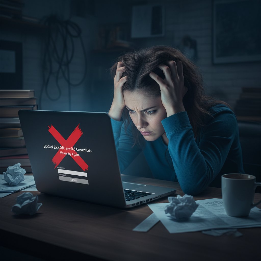 Frustrowana młoda kobieta patrzy na ekran laptopa z komunikatem o błędzie logowania