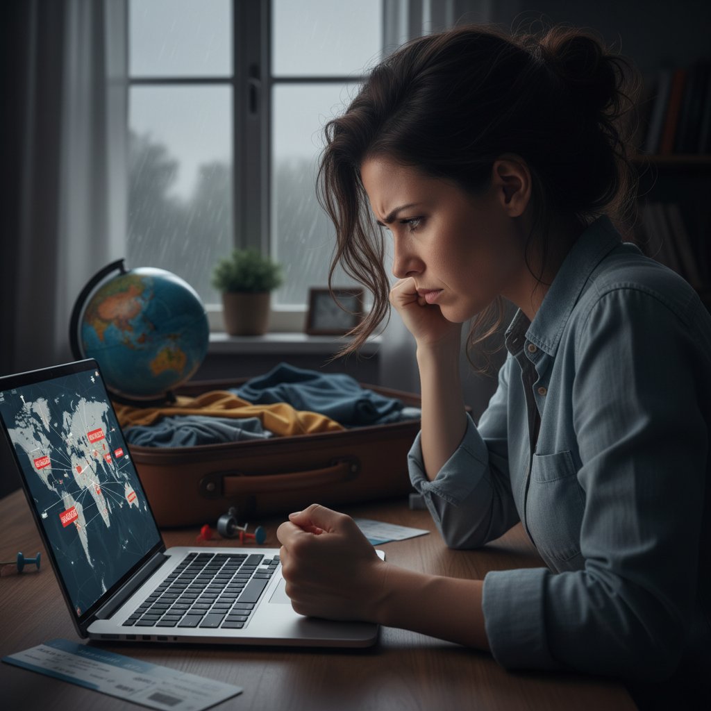 Sfrustrowana kobieta patrząca na ekran laptopa z profilem podróżnika, wyraz rozczarowania