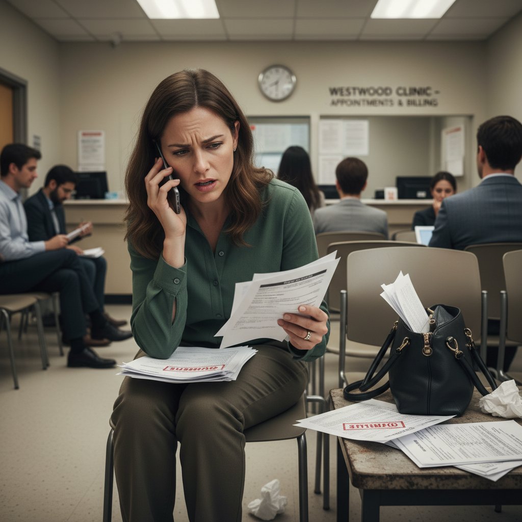 Stresująca scena w poczekalni przychodni, kobieta z dokumentami i telefonem czeka na rejestrację