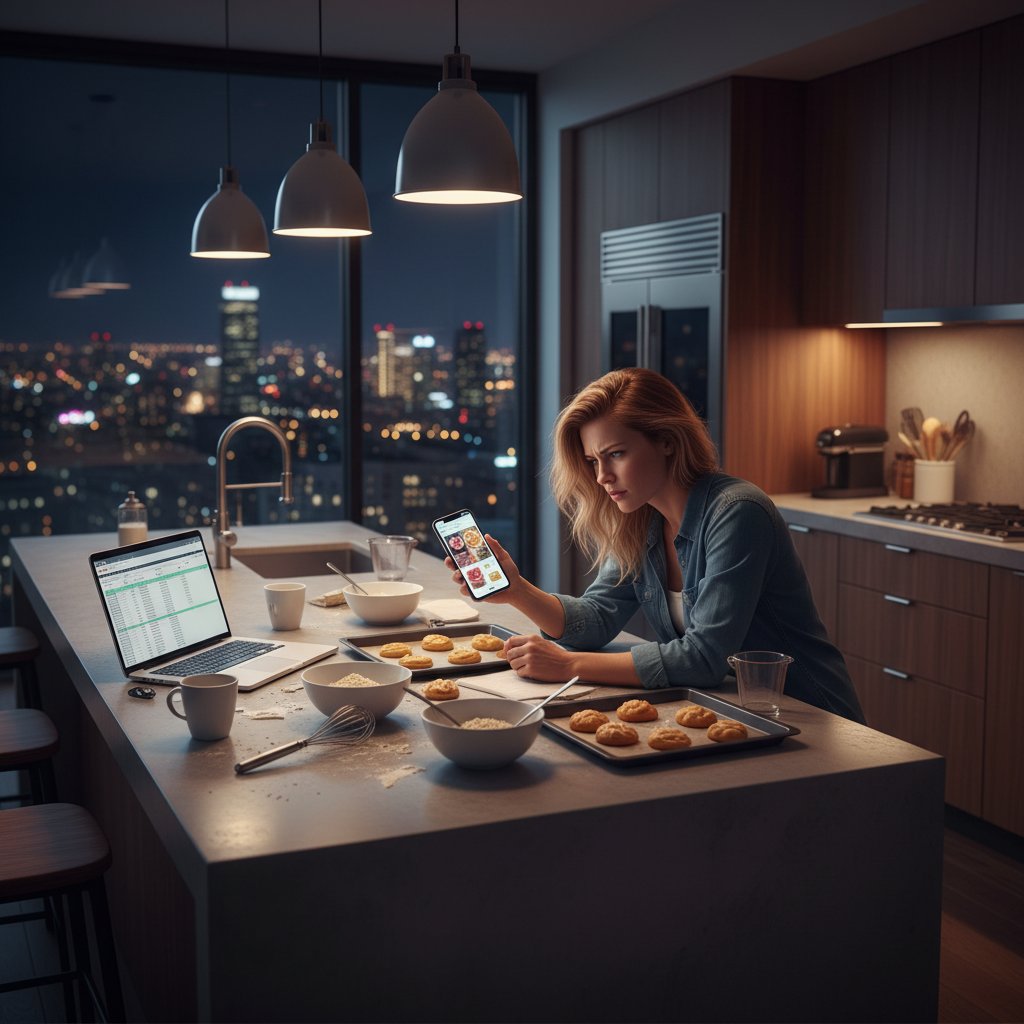 Kobieta patrząca z frustracją na przepis kulinarny online w nowoczesnej kuchni