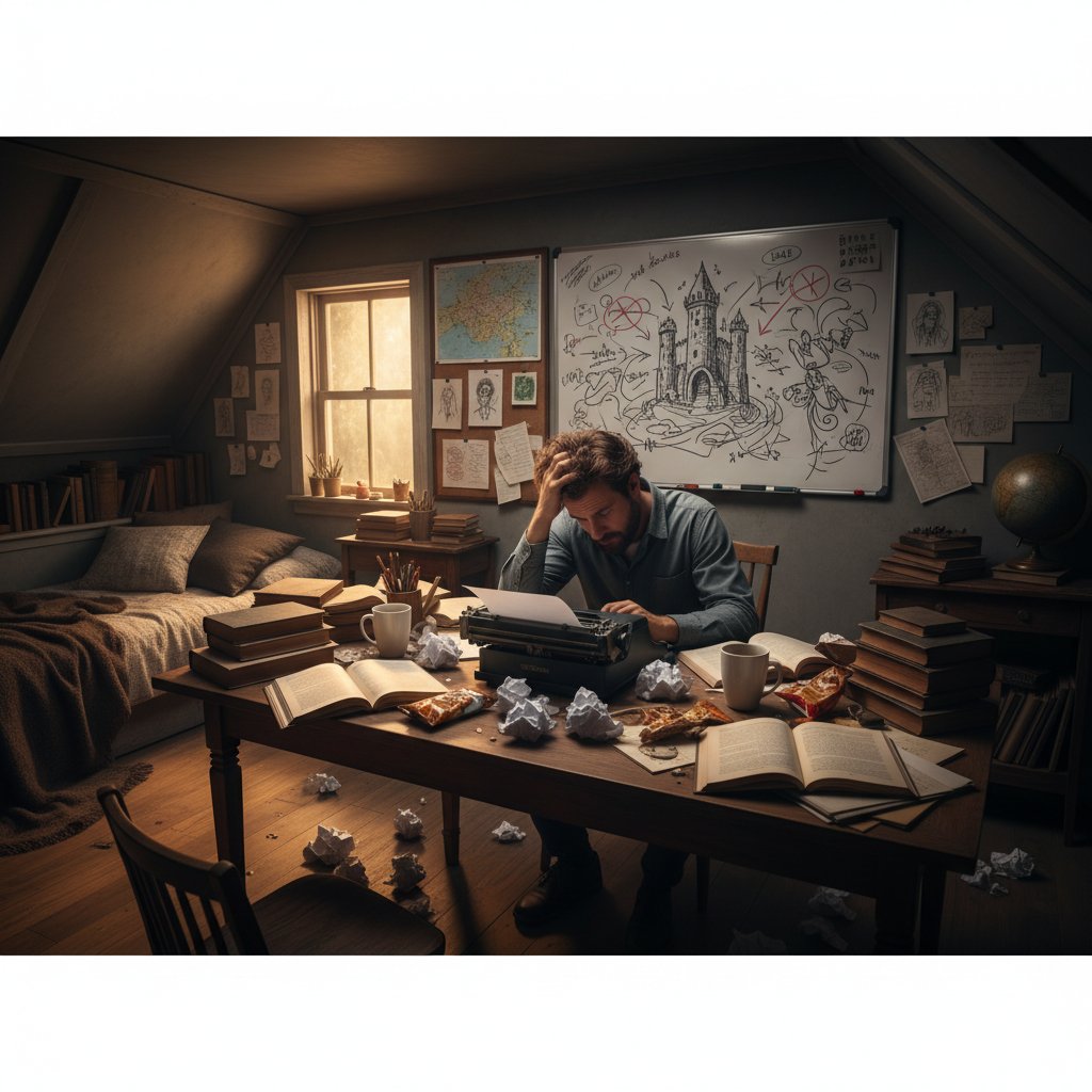 Osoba siedząca przy biurku, otoczona notatkami i komputerem, wygląda na sfrustrowaną próbami napisania historii – storytelling, błędy narracyjne