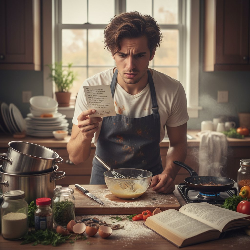 Młody dorosły sfrustrowany skomplikowanym przepisem w nieuporządkowanej kuchni