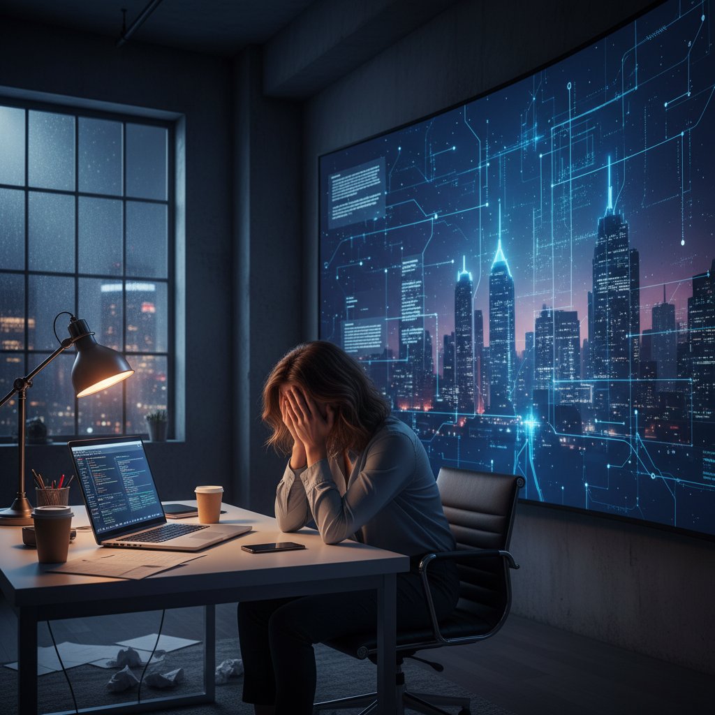 Osoba przy komputerze napotyka cyfrową barierę, wyraz twarzy wyraża frustrację z powodu ograniczeń subskrypcji AI