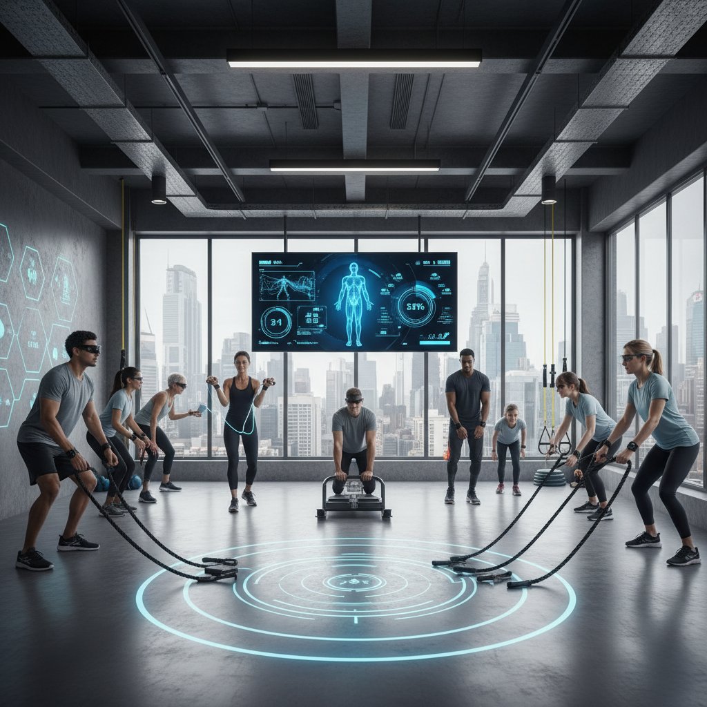 Trening funkcjonalny w nowoczesnej siłowni, różne grupy wiekowe, praca zespołowa, nowe technologie