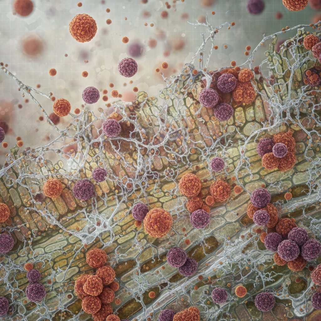 Makrofotografia zarodników grzybów atakujących liść rośliny, choroby roślin w polskim ogrodzie