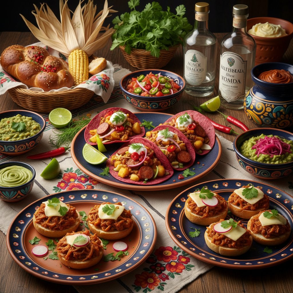 Nowoczesny stół z daniami fusion: tacos z łososiem, salsy z mango, mole z tofu – połączenie kuchni meksykańskiej i polskiej