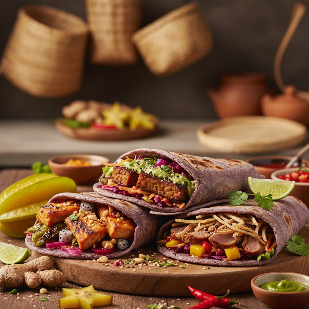 Wrapy fusion z egzotycznymi składnikami, fermentowane ciasto, kolorowa prezentacja