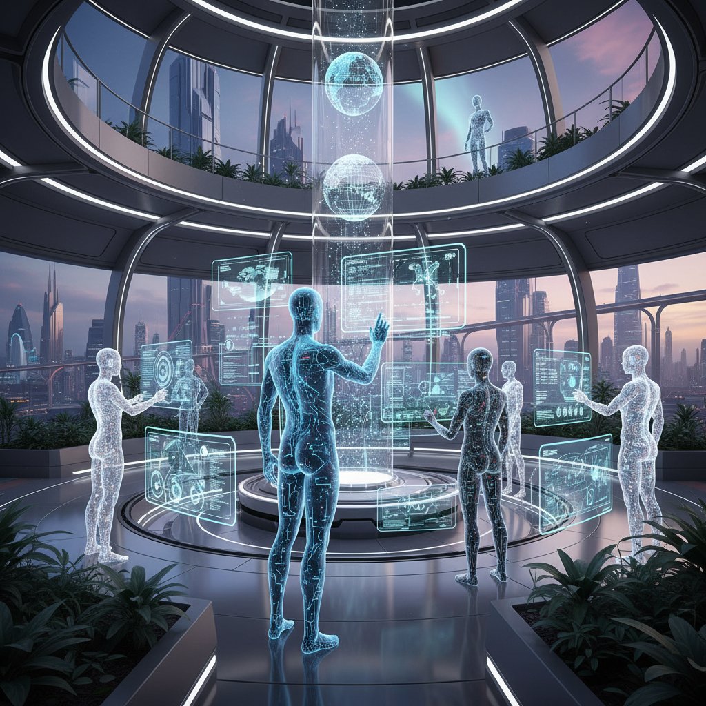 AI-powered work environment of the present, blending digital and human collaboration in an office setting